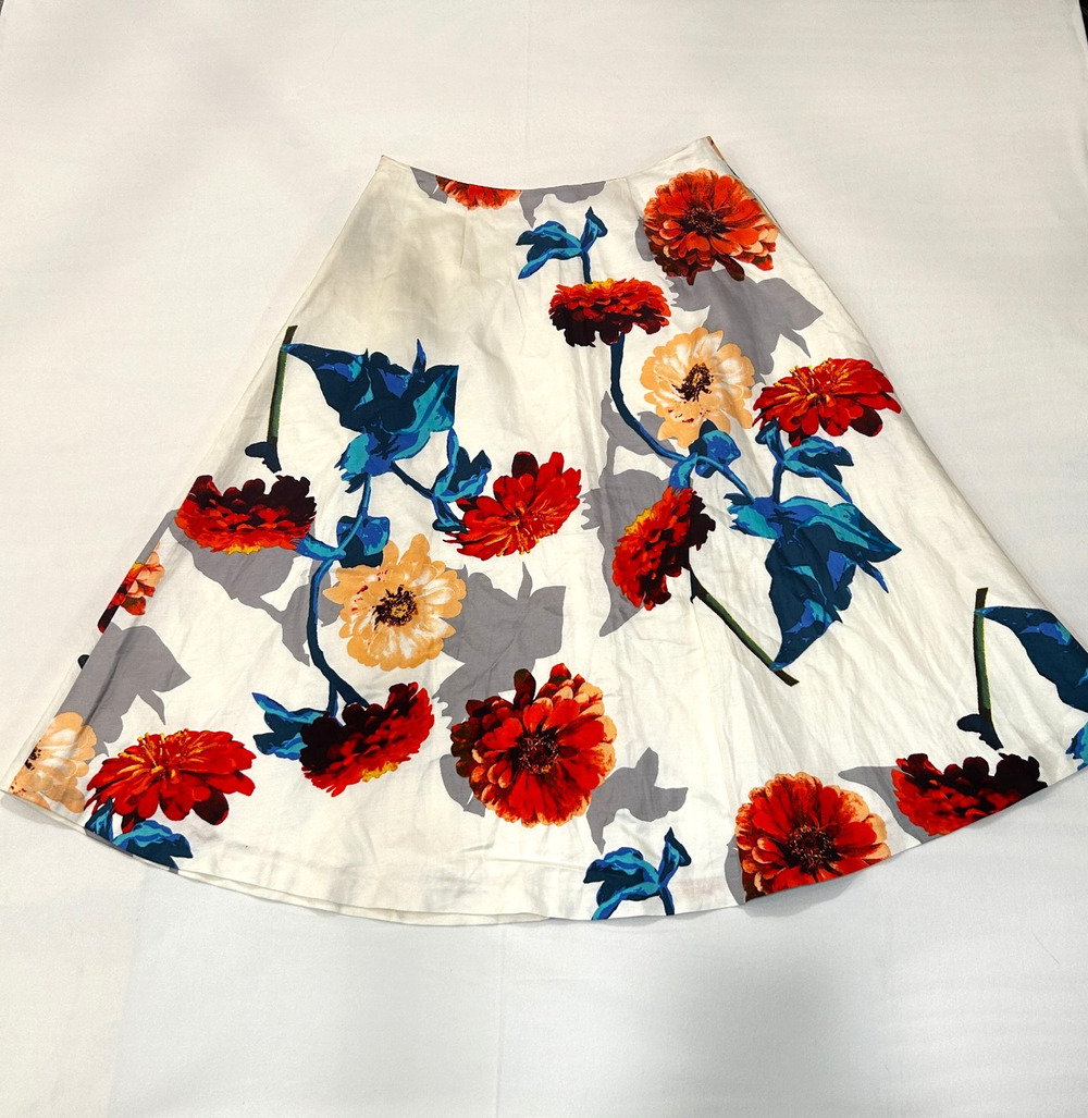 Banana Republic Linen Blend Midi Skirt S4 White Gerber Daisy Print Lined P-owned